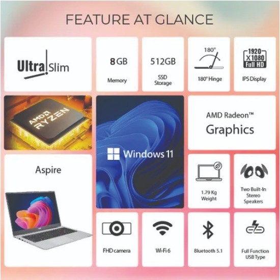 Acer Aspire 15 AS15-42-R5 (UN.34QSI.00V) Ryzen 5 7430U 8GB DDR4 3200MHz 512GB NVMe SSD 15.6 Inch FHD  IPS Backlit 55Whr Pure Silver 