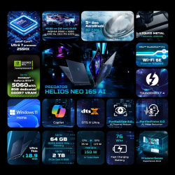 Acer Predator Helios Neo 16S AI Gaming Laptop – Intel Core Ultra 7 255HX, NVIDIA RTX 5060 8GB, 16GB RAM, 1TB SSD, 16" WQXGA OLED, Windows 11, Abyssal Black, RGB Keyboard