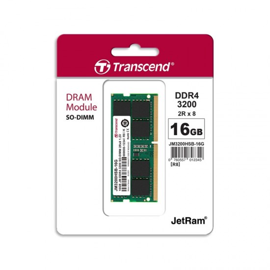 Transcend 16GB JM DDR4 3200 SO-DIMM 2Rx8 1Gx8 CL22 1.2V Laptop RAM